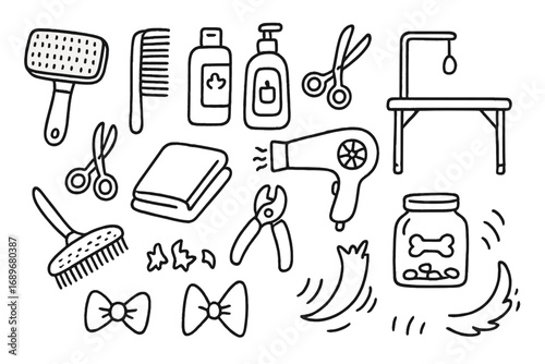 Pet Grooming Essentials. Pet grooming: hand drawn doodles of brushes, combs, shampoo bottles, scissors, grooming tables, blow