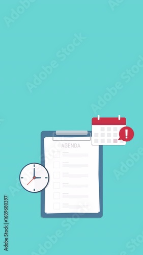 Agenda list on clipboard. Meeting agenda. Reminder with a event list and schedule. Presentation with memo.	