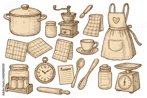 Retro Kitchen Essentials. Vintage kitchen: hand drawn doodles of enamel pots, manual coffee grinders, rolling pins, glass jars,