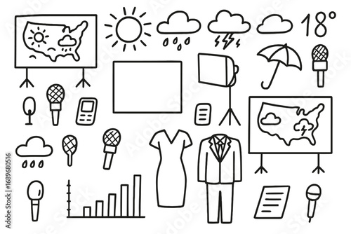 Weather Forecast Studio Doodles. Weather forecast studio: hand drawn doodles of maps, microphones, weather icons, green screens,