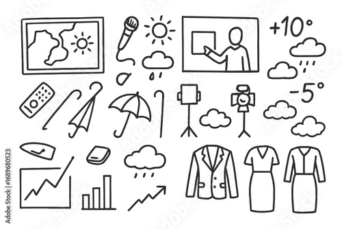 Weather Forecast Studio Doodles. Weather forecast studio: hand drawn doodles of maps, microphones, weather icons, green screens,