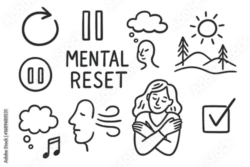 Mental Reset Icons. Mental reset: hand drawn doodles of restart icons, pause buttons, thought breaks, peaceful images, slow