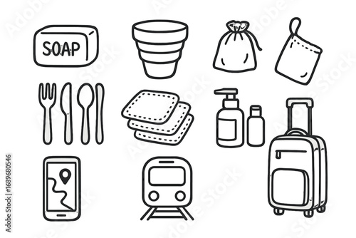 Sustainable Travel Essentials. Zero waste travel: hand drawn doodles of solid soap bars, collapsible cups, fabric pouches, travel