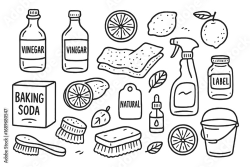 Eco-Friendly Cleaning Essentials. Green cleaning: hand drawn doodles of vinegar bottles, baking soda boxes, spray bottles, cloth