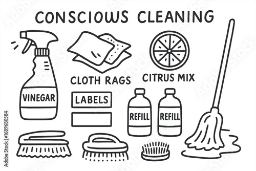 Eco-Friendly Cleaning Supplies. Conscious cleaning: hand drawn doodles of vinegar spray, cloth rags, citrus mix, refill bottles,