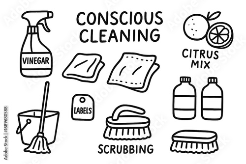 Eco-Friendly Cleaning Supplies. Conscious cleaning: hand drawn doodles of vinegar spray, cloth rags, citrus mix, refill bottles,