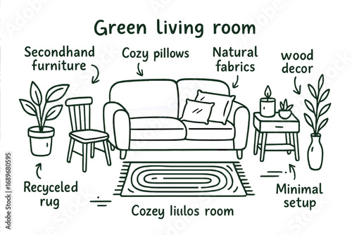 Eco-Friendly Living Room. Green living room: hand drawn doodles of recycled rugs, secondhand furniture, houseplants, soy candles,