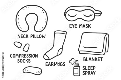 Flight Comfort Essentials. Flight comfort items: hand drawn doodles of neck pillow, eye mask, compression socks, blanket, earplugs