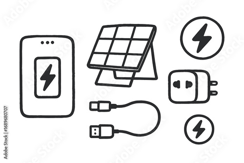 Energy Travel Essentials. Energy tools on trip: hand drawn doodles of battery bank, solar panel, plug converter, charger cable,