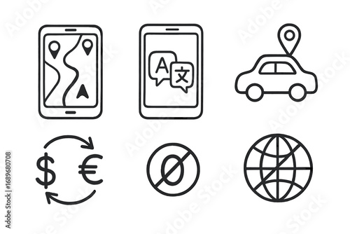 Travel App Doodles. Digital travel apps: hand drawn doodles of maps app, translator screen, ride share icon, currency converter,