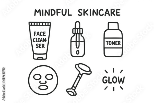 Mindful Skincare Essentials. Mindful skincare: hand drawn doodles of face cleanser, toner, serum dropper, jade roller, sheet mask,