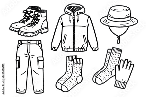 Travel Gear Doodles. Travel outfit doodles: hand drawn doodles of hiking boots, windbreaker, hat, cargo pants, wool socks, and