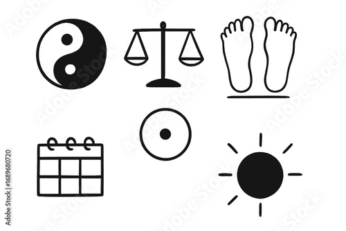 Balance Doodle Elements. Balance reminder: hand drawn doodles of yin yang, scale, feet grounded, centered circle, time blocks, and