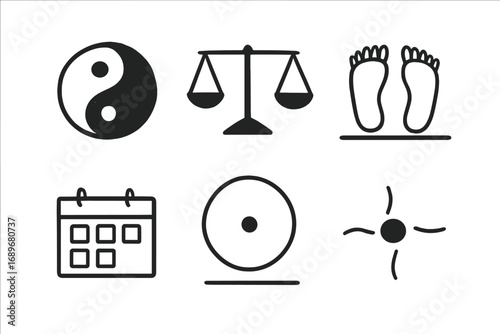 Balance Doodle Elements. Balance reminder: hand drawn doodles of yin yang, scale, feet grounded, centered circle, time blocks, and