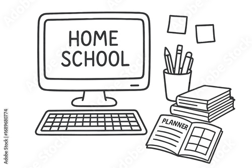 Home School Doodles. Home school workspace: hand drawn doodles of monitor, keyboard, pencil cup, textbooks, planner, and sticky