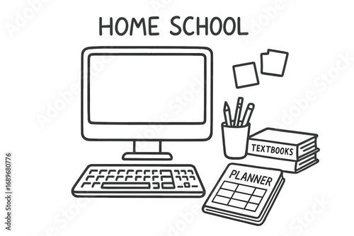 Home School Doodles. Home school workspace: hand drawn doodles of monitor, keyboard, pencil cup, textbooks, planner, and sticky