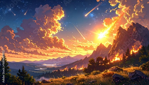 Epic sunset over burning mountain range