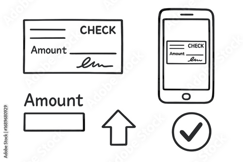 Mobile Check Deposit Icons. Mobile check deposit: hand drawn doodles of check image, phone photo, amount field, signature, upload