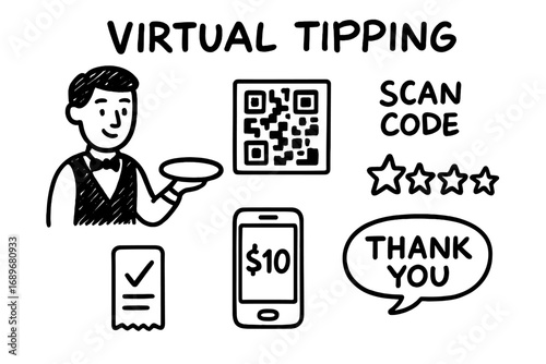 Digital Tipping Doodles. Virtual tipping: hand drawn doodles of waiter, scan code, mobile amount, rating stars, thank you bubble,