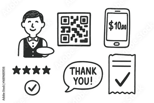 Digital Tipping Doodles. Virtual tipping: hand drawn doodles of waiter, scan code, mobile amount, rating stars, thank you bubble,