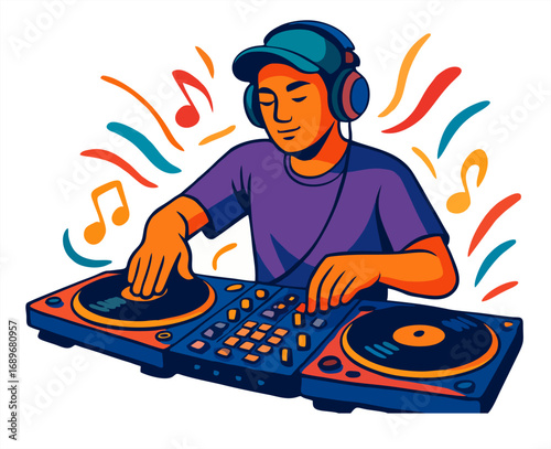 "Colorful illustration of a DJ mixing music on turntables, surrounded by vibrant musical notes and swirls, embodying energy and creativity."
