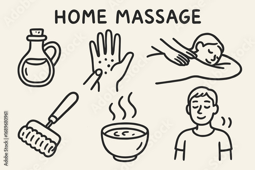 Home Massage Essentials. Home massage: hand drawn doodles of oil bottle, pressure points, back rub, hand roller, aroma steam, and