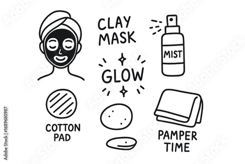 Skin Care Doodles. Skin pampering: hand drawn doodles of clay mask, mist spray, glow icon, cotton pad, soft towel, and pamper time