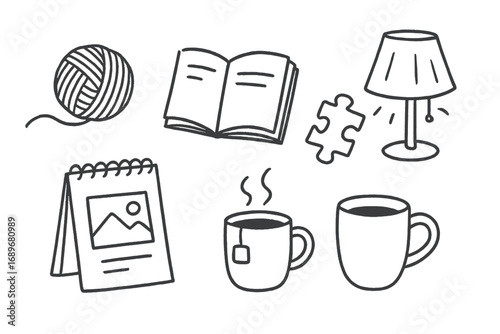 Peaceful Hobby Essentials. Quiet hobby time: hand drawn doodles of knitting yarn, book page, puzzle piece, sketch pad, tea mug,