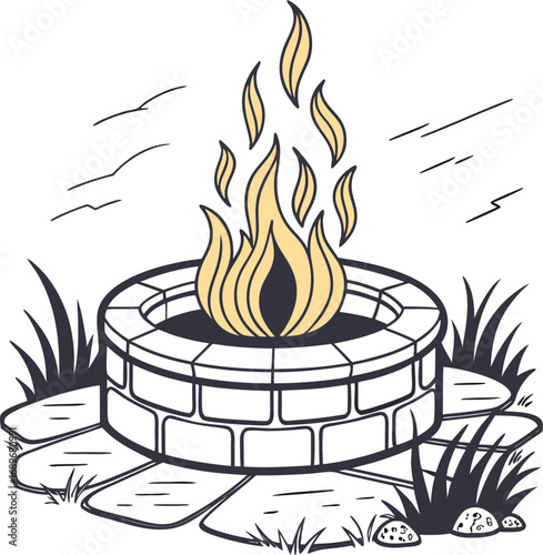 Vector illustration of a burning candle in a fireplace, a yellow flame lighting the dark, a symbol of Christmas and celebration