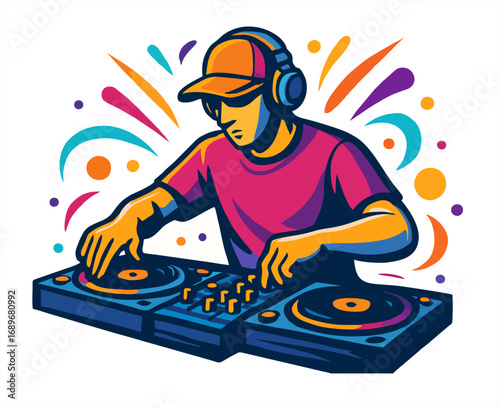"Colorful illustration of a DJ mixing music on turntables, surrounded by vibrant musical notes and swirls, embodying energy and creativity."