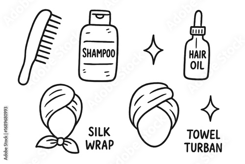 Hair Care Essentials. Hair care ritual: hand drawn doodles of comb, shampoo bottle, hair oil, silk wrap, towel turban, and shine