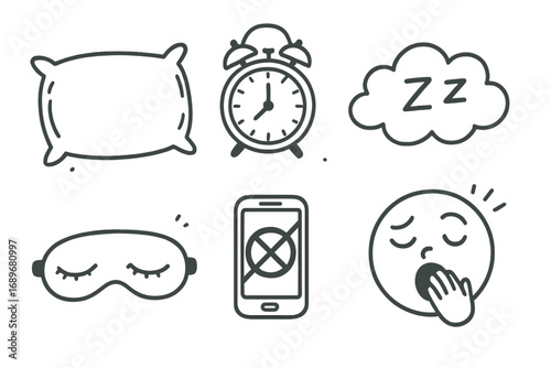Nap Time Essentials. Restful nap: hand drawn doodles of soft pillow, nap timer, Z cloud, eye cover, phone off icon, and yawning