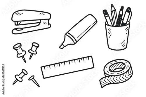 Stationery Doodles. Stationery tools: hand drawn doodles of stapler, highlighter, ruler, pencil holder, push pins, and washi tape.