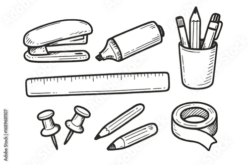 Stationery Doodles. Stationery tools: hand drawn doodles of stapler, highlighter, ruler, pencil holder, push pins, and washi tape.
