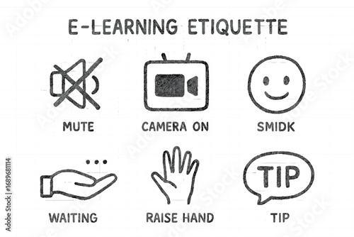 E-Learning Etiquette Doodles. E-learning etiquette: hand drawn doodles of mute icon, camera on sign, polite emoji, waiting hand,
