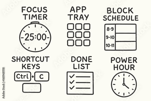 Efficient Workflow Doodles. Efficient workflow: hand drawn doodles of focus timer, app tray, shortcut keys, block schedule, done