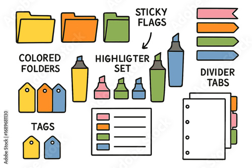 Organized Doodle Supplies. Color-coded system: hand drawn doodles of colored folders, sticky flags, highlighter set, tags, legend