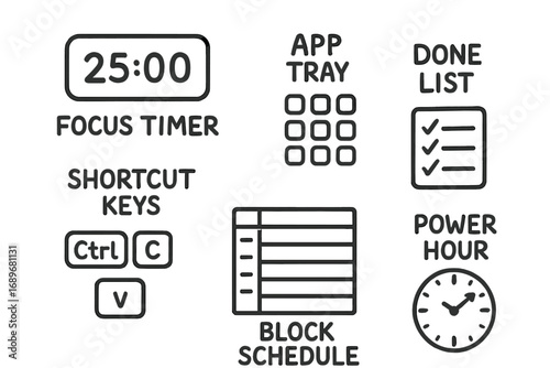 Efficient Workflow Doodles. Efficient workflow: hand drawn doodles of focus timer, app tray, shortcut keys, block schedule, done