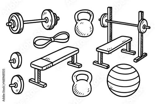 Gym Equipment Doodles. Gym equipment: hand drawn doodles of barbell, kettlebell, resistance band, bench press, squat rack, and