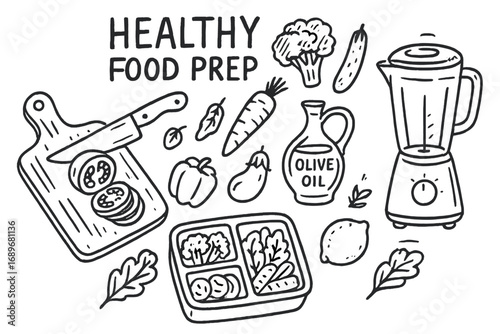 Healthy Food Prep. Healthy food prep: hand drawn doodles of cutting board, veggies, portion boxes, olive oil, lemon, and smoothie