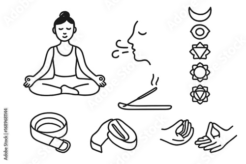 Yoga Doodle Art. Yoga practice: hand drawn doodles of lotus pose, breathing symbol, chakra icons, incense, yoga strap, and