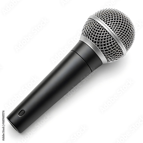A close up shot of a black and silver microphone isolated on a plain white background with soft shadows