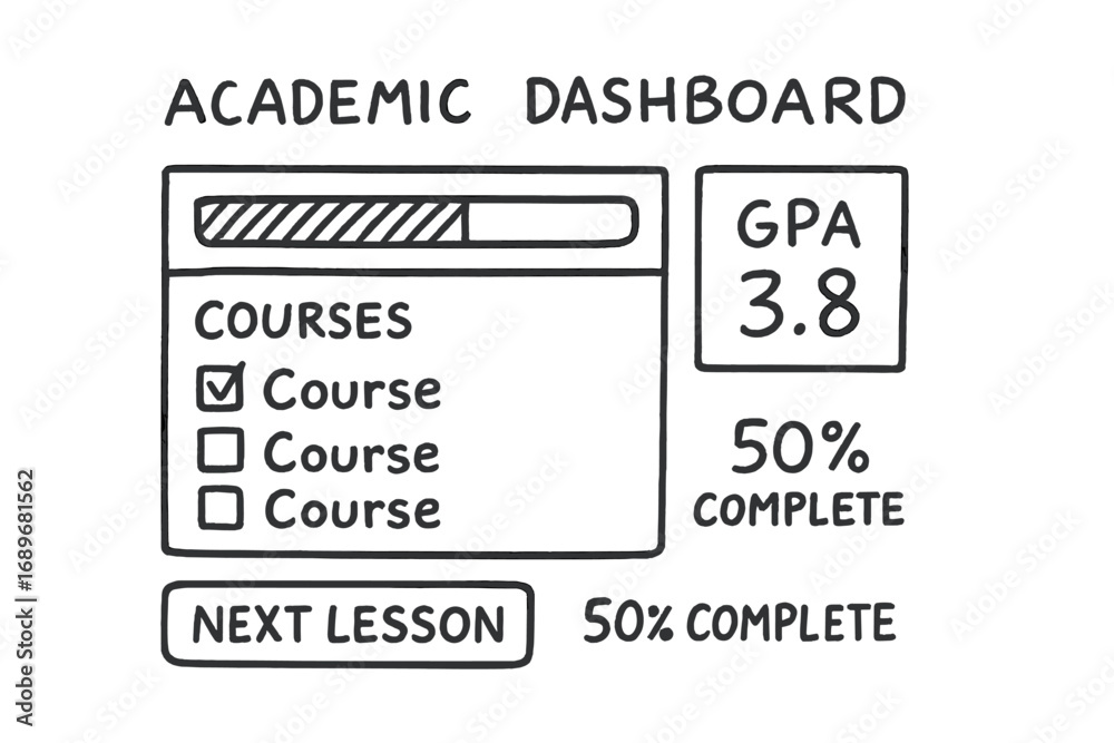 Fototapeta premium Doodle Academic Dashboard. Academic dashboard: hand drawn doodles of progress bar, course list, GPA score, “next lesson” button,