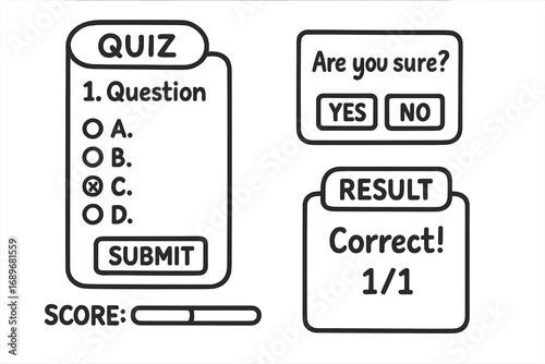 Quiz Interface Doodles. Quiz interface: hand drawn doodles of question number, answer options, submit button, “are you sure” popup