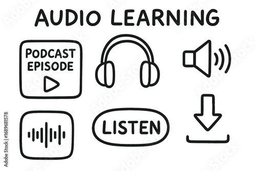 Audio Learning Doodles. Audio learning: hand drawn doodles of podcast episode, headphones, speaker wave, voice note, listen button