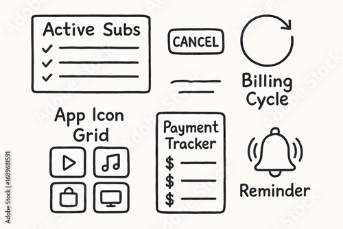 Subscription Management Doodles. Subscription manager: hand drawn doodles of active subs list, cancel button, billing cycle, app
