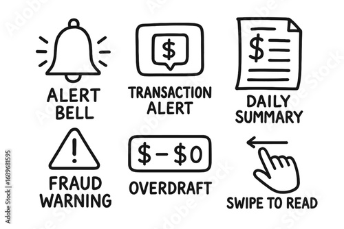 Banking Alert Doodles. Banking notifications: hand drawn doodles of alert bell, transaction alert, daily summary, fraud warning,