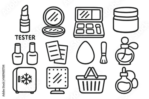 Beauty Store Icons. Beauty store doodle icon set: hand drawn icons of lipstick tester, compact mirror, eye shadow palette, skin