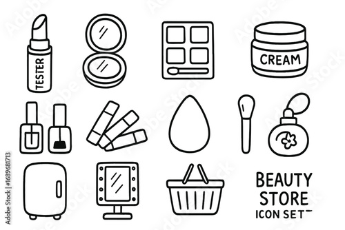 Beauty Store Icons. Beauty store doodle icon set: hand drawn icons of lipstick tester, compact mirror, eye shadow palette, skin