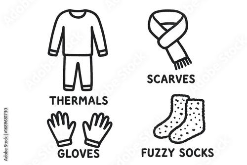 Cozy Winter Icons. Cold weather essentials doodle set: hand drawn icons for thermals, scarves, gloves, and fuzzy socks, isolated